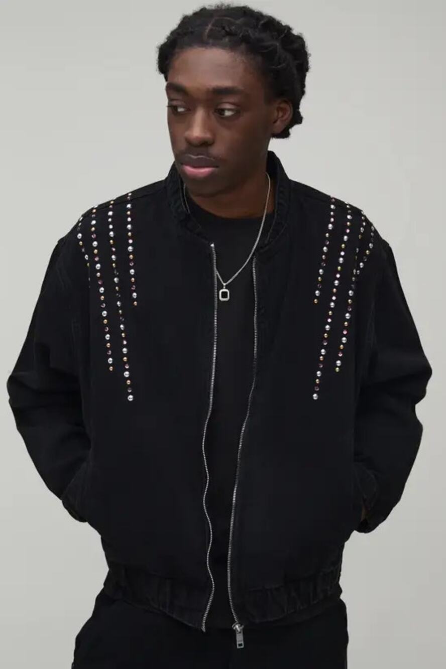 NEW Boohoo Boxy Embellished Denim Bomber Jacket Men's Black Size S